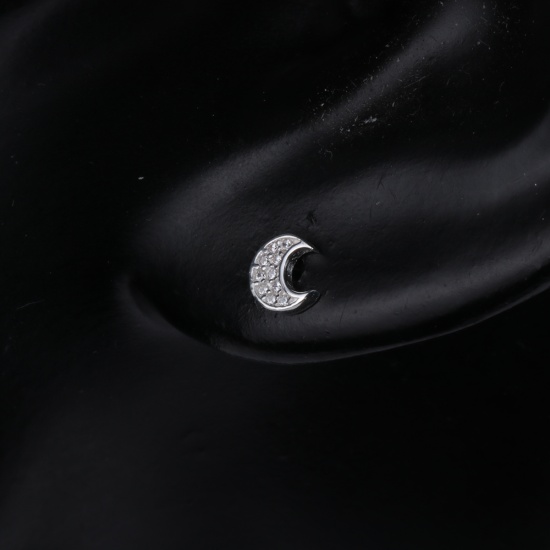 スターリングシルバー イヤリング シルバー 月 透明 ラインストーン 6mm x 5mm、 ワイヤーサイズ: （21号）、 1 ペア の画像