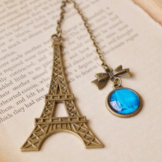 Immagine di Vetro Segnalibro Torre Eiffel Bronzo Antico Blu Cravatta a Farfalla 69mm x 36mm, 1 Pz