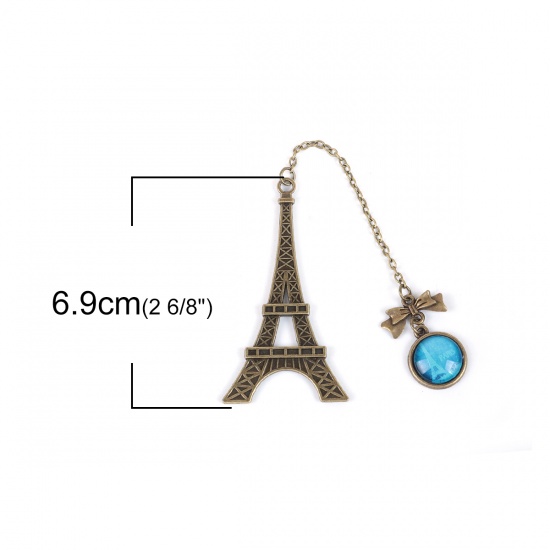 Immagine di Vetro Segnalibro Torre Eiffel Bronzo Antico Blu Cravatta a Farfalla 69mm x 36mm, 1 Pz