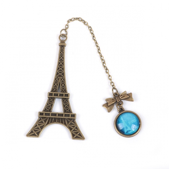 Immagine di Vetro Segnalibro Torre Eiffel Bronzo Antico Blu Cravatta a Farfalla 69mm x 36mm, 1 Pz