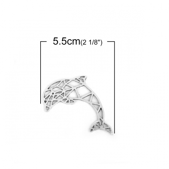 Picture of Zinc Based Alloy Origami Charms Dolphin Animal Antique Silver Color 55mm(2 1/8") x 35mm(1 3/8"), 10 PCs