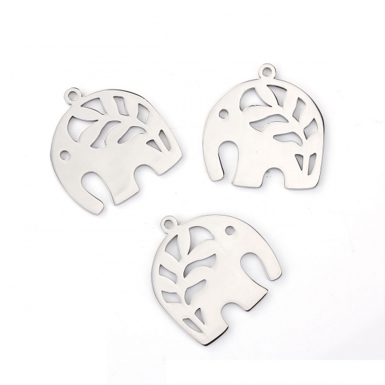 Picture of 304 Stainless Steel Pet Silhouette Charms Elephant Animal Silver Tone Leaf Hollow 28mm(1 1/8") x 26mm(1"), 1 Piece