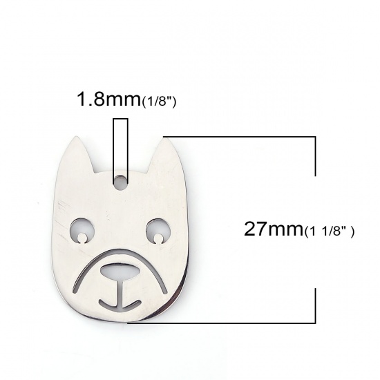 Picture of 304 Stainless Steel Pet Silhouette Charms Bulldog Animal Silver Tone 27mm(1 1/8") x 20mm( 6/8"), 1 Piece