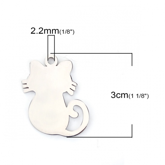 Picture of 304 Stainless Steel Pet Silhouette Pendants Cat Animal Silver Tone 30mm(1 1/8") x 24mm(1"), 1 Piece