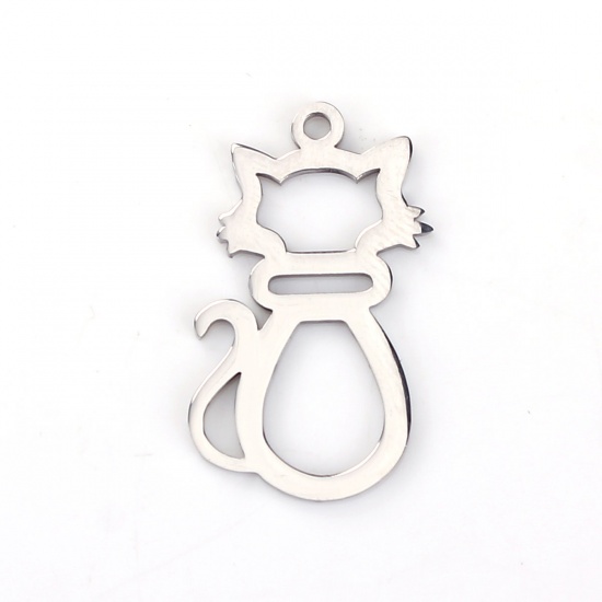 Picture of 304 Stainless Steel Pet Silhouette Charms Cat Animal Silver Tone Hollow 29mm(1 1/8") x 18mm( 6/8"), 1 Piece