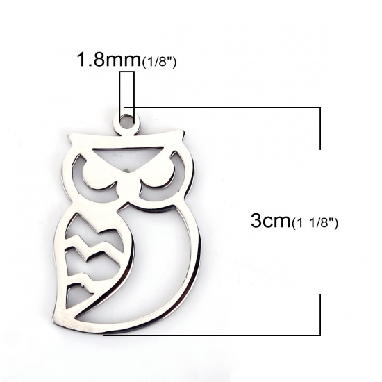 Picture of 304 Stainless Steel Pet Silhouette Pendants Owl Animal Silver Tone Hollow 30mm(1 1/8") x 20mm( 6/8"), 1 Piece