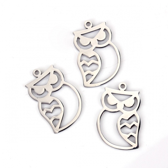 Picture of 304 Stainless Steel Pet Silhouette Pendants Owl Animal Silver Tone Hollow 30mm(1 1/8") x 20mm( 6/8"), 1 Piece
