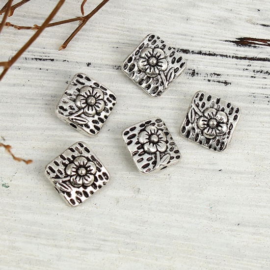 Picture of Zinc Based Alloy Spacer Beads Square Antique Silver Color Flower 40mm x 10mm, Hole: Approx 1.3mm, 50 PCs