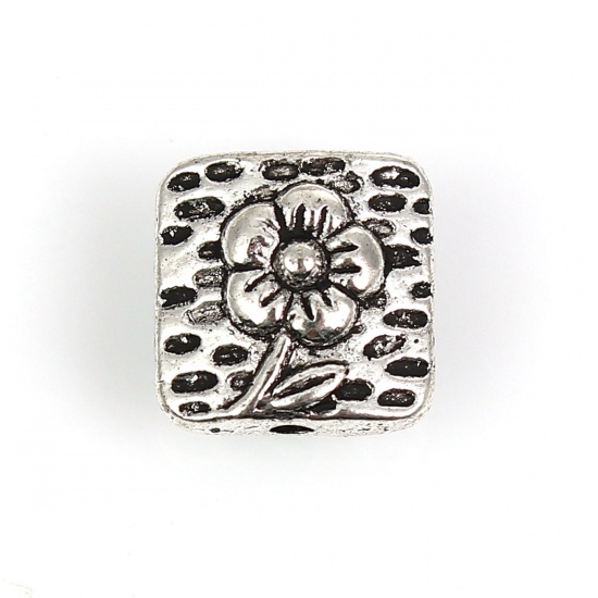 Picture of Zinc Based Alloy Spacer Beads Square Antique Silver Color Flower 40mm x 10mm, Hole: Approx 1.3mm, 50 PCs