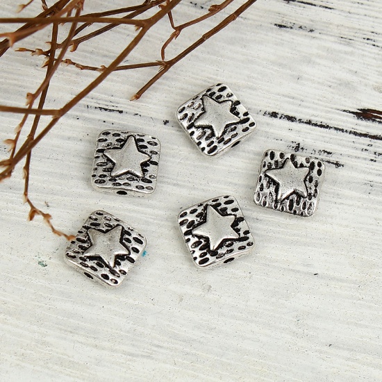Picture of Zinc Based Alloy Spacer Beads Square Antique Silver Pentagram Star 10mm x 10mm, Hole: Approx 1.3mm, 50 PCs