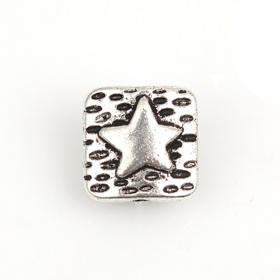 Picture of Zinc Based Alloy Spacer Beads Square Antique Silver Color Pentagram Star 10mm x 10mm, Hole: Approx 1.3mm, 50 PCs