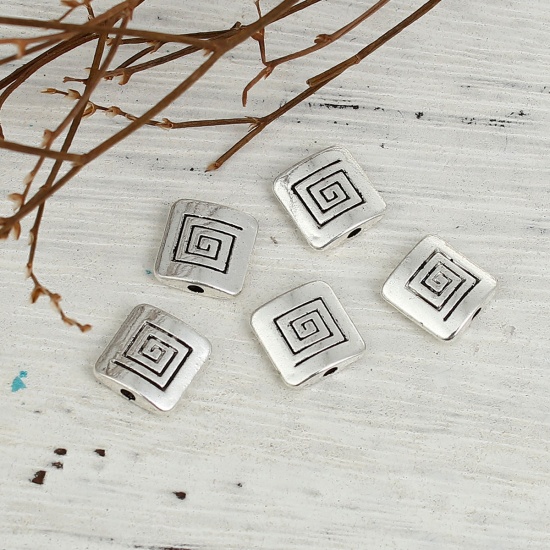 Picture of Zinc Based Alloy Spacer Beads Square Antique Silver Color Spiral 10mm x 10mm, Hole: Approx 1.6mm, 50 PCs