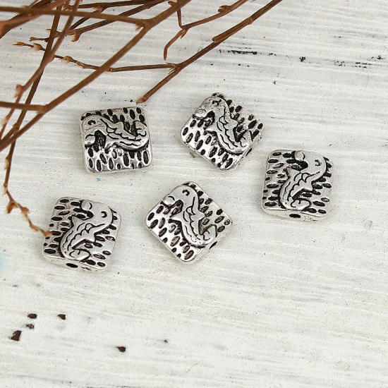 Picture of Zinc Based Alloy Spacer Beads Square Antique Silver Fish 10mm x 10mm, Hole: Approx 1.4mm, 50 PCs