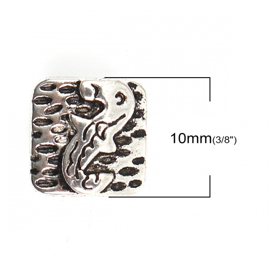 Picture of Zinc Based Alloy Spacer Beads Square Antique Silver Fish 10mm x 10mm, Hole: Approx 1.4mm, 50 PCs