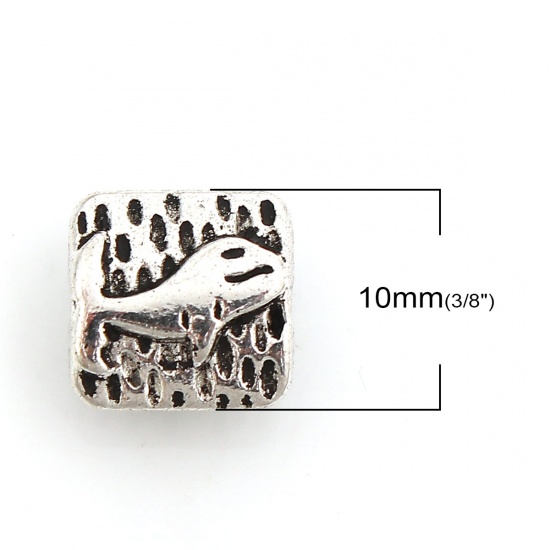 Picture of Zinc Based Alloy Spacer Beads Whale Animal Antique Silver Color Square 10mm x 10mm, Hole: Approx 1.1mm, 50 PCs