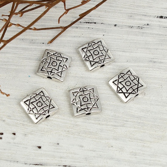 Picture of Zinc Based Alloy Spacer Beads Square Antique Silver Rhombus 10mm x 10mm, Hole: Approx 1.5mm, 50 PCs
