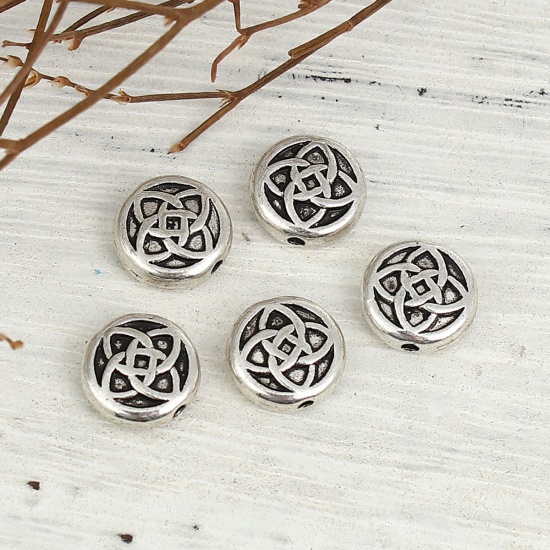 Picture of Zinc Based Alloy Spacer Beads Round Antique Silver Color Flower About 11mm Dia, Hole: Approx 1.3mm, 50 PCs