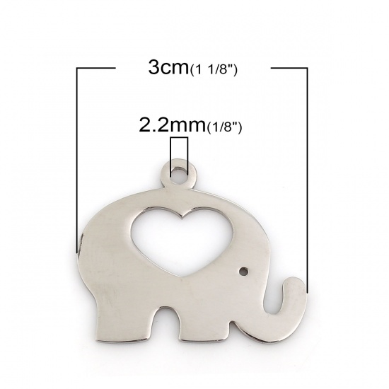 Picture of 304 Stainless Steel Pet Silhouette Pendants Elephant Animal Silver Tone Heart 30mm(1 1/8") x 24mm(1"), 1 Piece