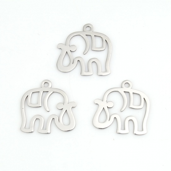 Picture of 304 Stainless Steel Pet Silhouette Charms Elephant Animal Silver Tone Hollow 28mm(1 1/8") x 27mm(1 1/8"), 1 Piece