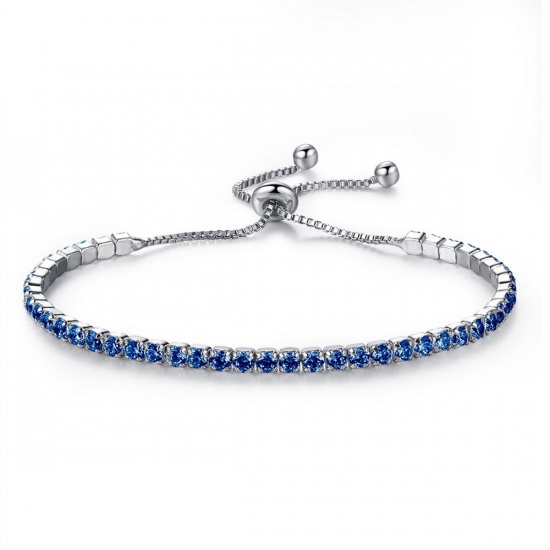 Image de Bracelet Bolo Réglable Nœud Glissé en Laiton & Zirconia Cubique Argent Mat Bleu 24cm long, 1 Pièce                                                                                                                                                            