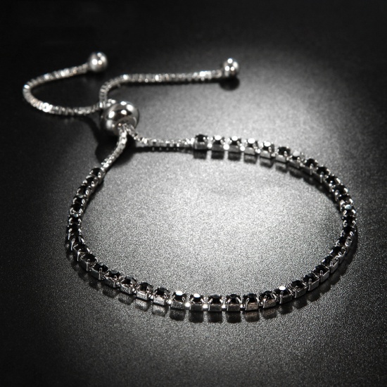 Image de Bracelet Bolo Réglable Nœud Glissé en Laiton & Zirconia Cubique Argent Mat Noir 24cm long, 1 Pièce                                                                                                                                                            