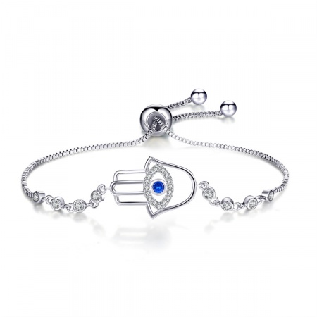 Image de Bracelet Bolo Réglable Nœud Glissé en Laiton & Zirconia Cubique Argent Mat Bleu Khamsa Symbole Paume Yeux 26.5cm long, 1 Pièce