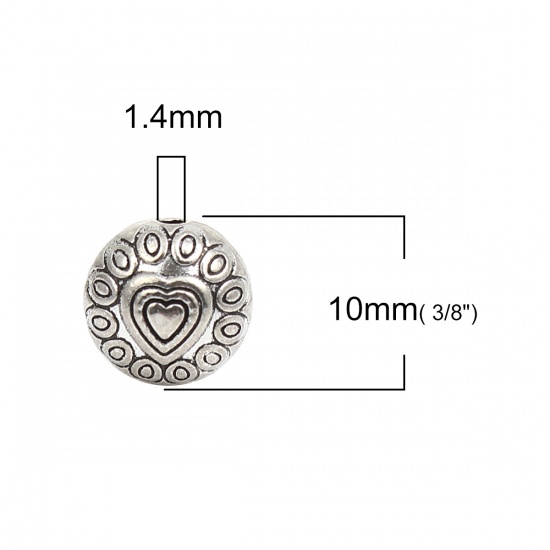 Picture of Zinc Based Alloy Spacer Beads Round Antique Silver Heart About 10mm Dia., Hole: Approx 1.4mm, 50 PCs