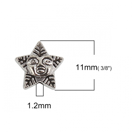 Bild von Zinklegierung Zwischenperlen Spacer Perlen Gesicht Antiksilber Pentagramm 11mm x 11mm, Loch:ca. 1.2mm, 50 Stück