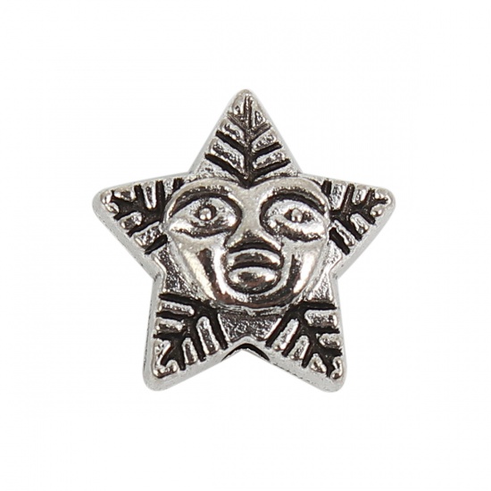 Bild von Zinklegierung Zwischenperlen Spacer Perlen Gesicht Antiksilber Pentagramm 11mm x 11mm, Loch:ca. 1.2mm, 50 Stück
