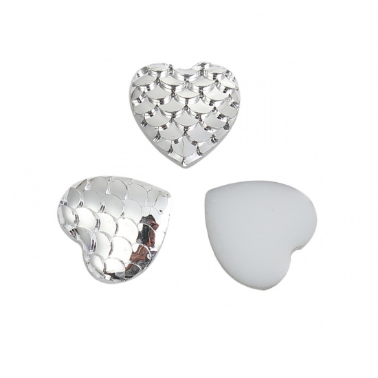 Picture of Resin Mermaid Fish/ Dragon Scale Dome Seals Cabochon Heart Silver 12mm( 4/8") x 12mm( 4/8"), 100 PCs