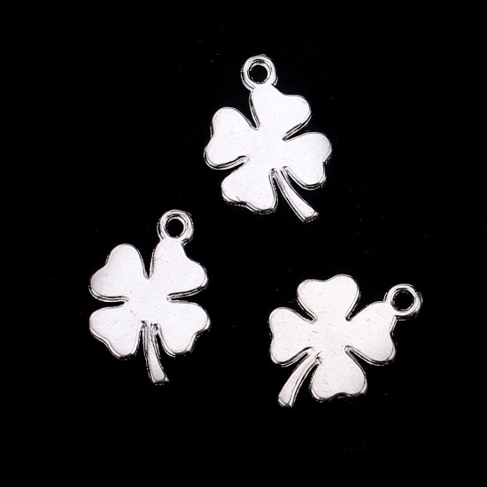 Picture of Zinc Based Alloy Charms Four Leaf Clover Silver Plated 18mm( 6/8") x 13mm( 4/8"), 50 PCs