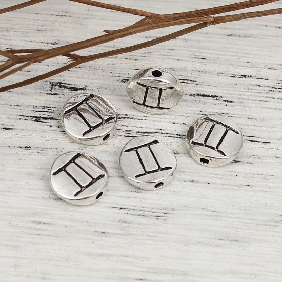 Picture of Zinc Based Alloy Spacer Beads Round Antique Silver Color Gemini Sign Of Zodiac Constellations About 10mm Dia, Hole: Approx 1.3mm, 50 PCs