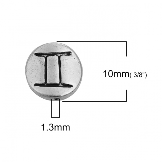 Picture of Zinc Based Alloy Spacer Beads Round Antique Silver Gemini Sign Of Zodiac Constellations About 10mm Dia, Hole: Approx 1.3mm, 50 PCs