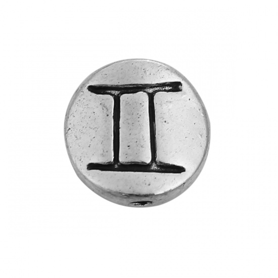 Picture of Zinc Based Alloy Spacer Beads Round Antique Silver Color Gemini Sign Of Zodiac Constellations About 10mm Dia, Hole: Approx 1.3mm, 50 PCs