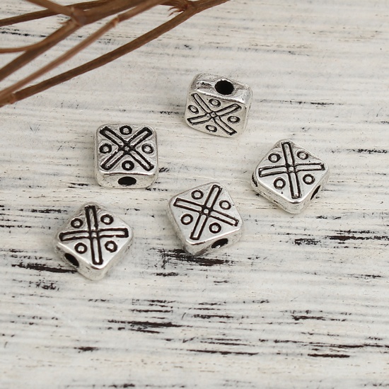 Picture of Zinc Based Alloy Spacer Beads Square Antique Silver Color 6mm x 6mm, Hole: Approx 1.4mm, 100 PCs