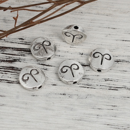 Picture of Zinc Based Alloy Spacer Beads Round Antique Silver Aries Sign Of Zodiac Constellations About 10mm Dia, Hole: Approx 1.3mm, 50 PCs