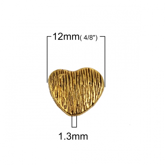 Bild von Zinklegierung Zwischenperlen Spacer Perlen Herz Antik Golden Streifen 12mm x 11mm, Loch:ca. 1.3mm, 50 Stück