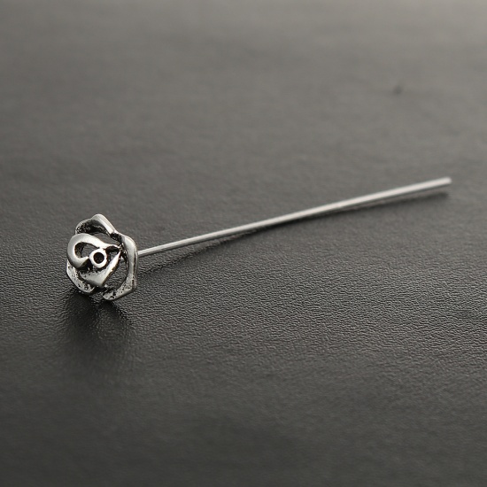 Picture of Zinc Based Alloy Ball Head Pins Antique Silver Color Rose Flower 5.5cm(2 1/8") long, 0.7mm (21 gauge), 20 PCs