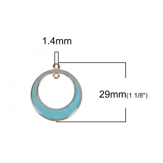Picture of Zinc Based Alloy Open Double Circle Circular Lunar Eclipse Charms Gold Plated Skyblue Enamel W/ Loop 29mm(1 1/8") x 25mm(1"), 10 PCs