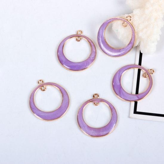 Picture of Zinc Based Alloy Open Double Circle Circular Lunar Eclipse Charms Gold Plated Purple Enamel W/ Loop 29mm(1 1/8") x 25mm(1"), 10 PCs