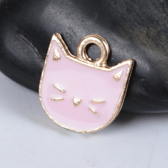 Picture of Zinc Based Alloy Charms Cat Animal Gold Plated Pink Enamel 14mm( 4/8") x 13mm( 4/8"), 10 PCs