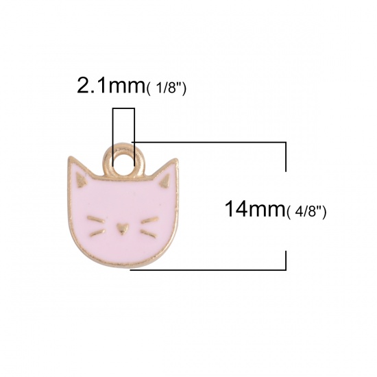 Bild von Zinklegierung Charms Katze Vergoldet Rosa Emaille 14mm x 13mm, 10 Stück