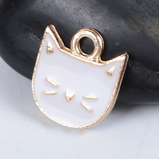 Picture of Zinc Based Alloy Charms Cat Animal Gold Plated White Enamel 14mm( 4/8") x 13mm( 4/8"), 10 PCs