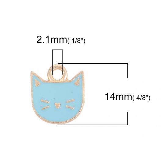 Bild von Zinklegierung Charms Katze Vergoldet Hellblau Emaille 14mm x 13mm, 10 Stück
