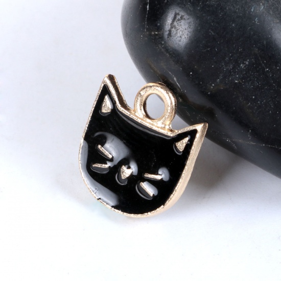 Picture of Zinc Based Alloy Charms Cat Animal Gold Plated Black Enamel 14mm( 4/8") x 13mm( 4/8"), 10 PCs