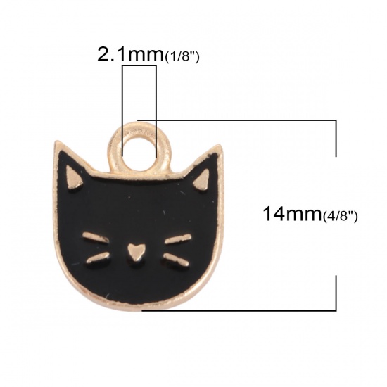 Bild von Zinklegierung Charms Katze Vergoldet Schwarz Emaille 14mm x 13mm, 10 Stück