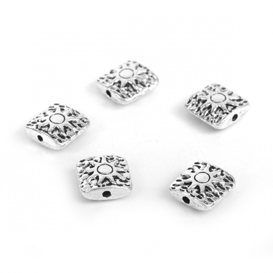 Picture of Zinc Based Alloy Spacer Beads Square Antique Silver Color Sun 10mm x 10mm, Hole: Approx 1.4mm, 50 PCs