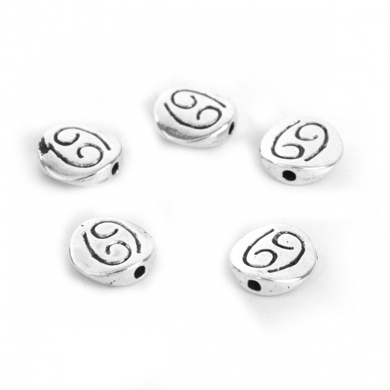 Picture of Zinc Based Alloy Spacer Beads Round Antique Silver Cancer Sign Of Zodiac Constellations About 10mm Dia, Hole: Approx 1.5mm, 50 PCs