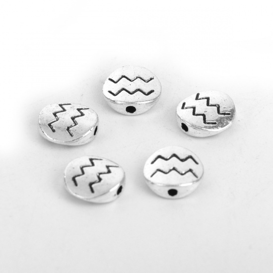 Picture of Zinc Based Alloy Spacer Beads Round Antique Silver Aquarius Sign Of Zodiac Constellations About 10mm Dia, Hole: Approx 1.5mm, 50 PCs