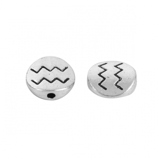 Picture of Zinc Based Alloy Spacer Beads Round Antique Silver Color Aquarius Sign Of Zodiac Constellations About 10mm Dia, Hole: Approx 1.5mm, 50 PCs
